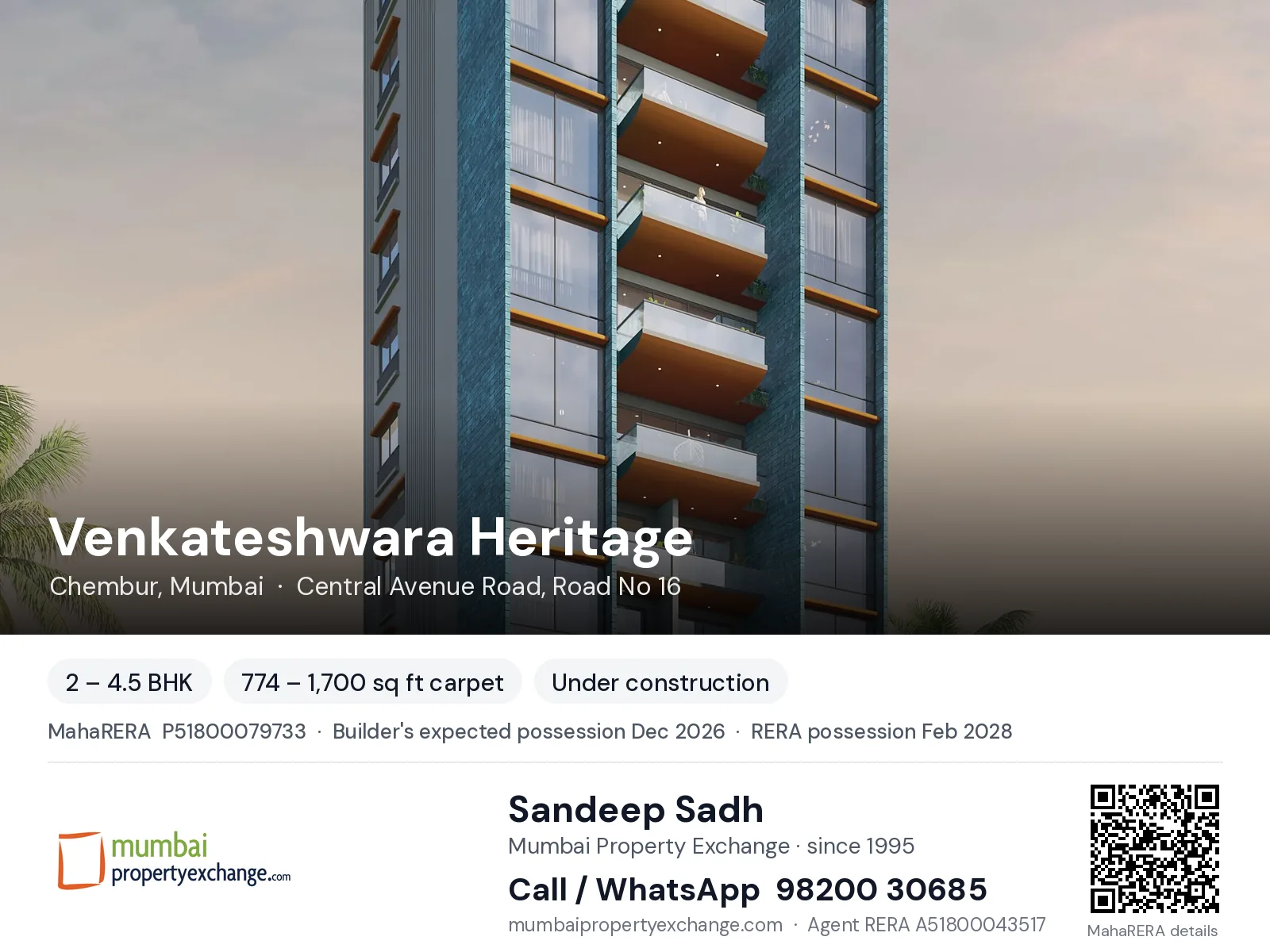 Venkateshwara Heritage, Chembur, Mumbai — 2 – 4.5 BHK new project, builder's expected possession Dec 2026, RERA possession Feb 2028 | Mumbai Property Exchange, Sandeep Sadh 98200 30685
