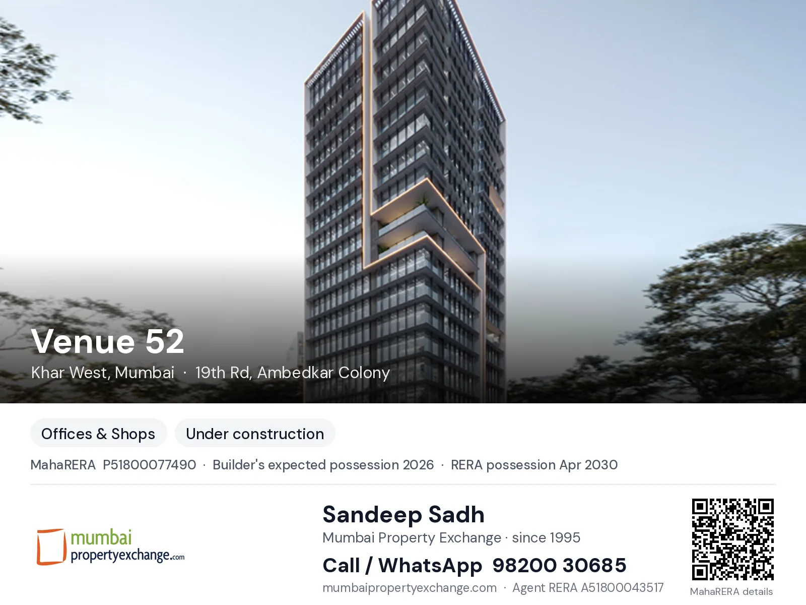Venue 52 by Wadhwa, Khar West, Mumbai — new project, builder's expected possession 2026, RERA possession Apr 2030 | Mumbai Property Exchange, Sandeep Sadh 98200 30685