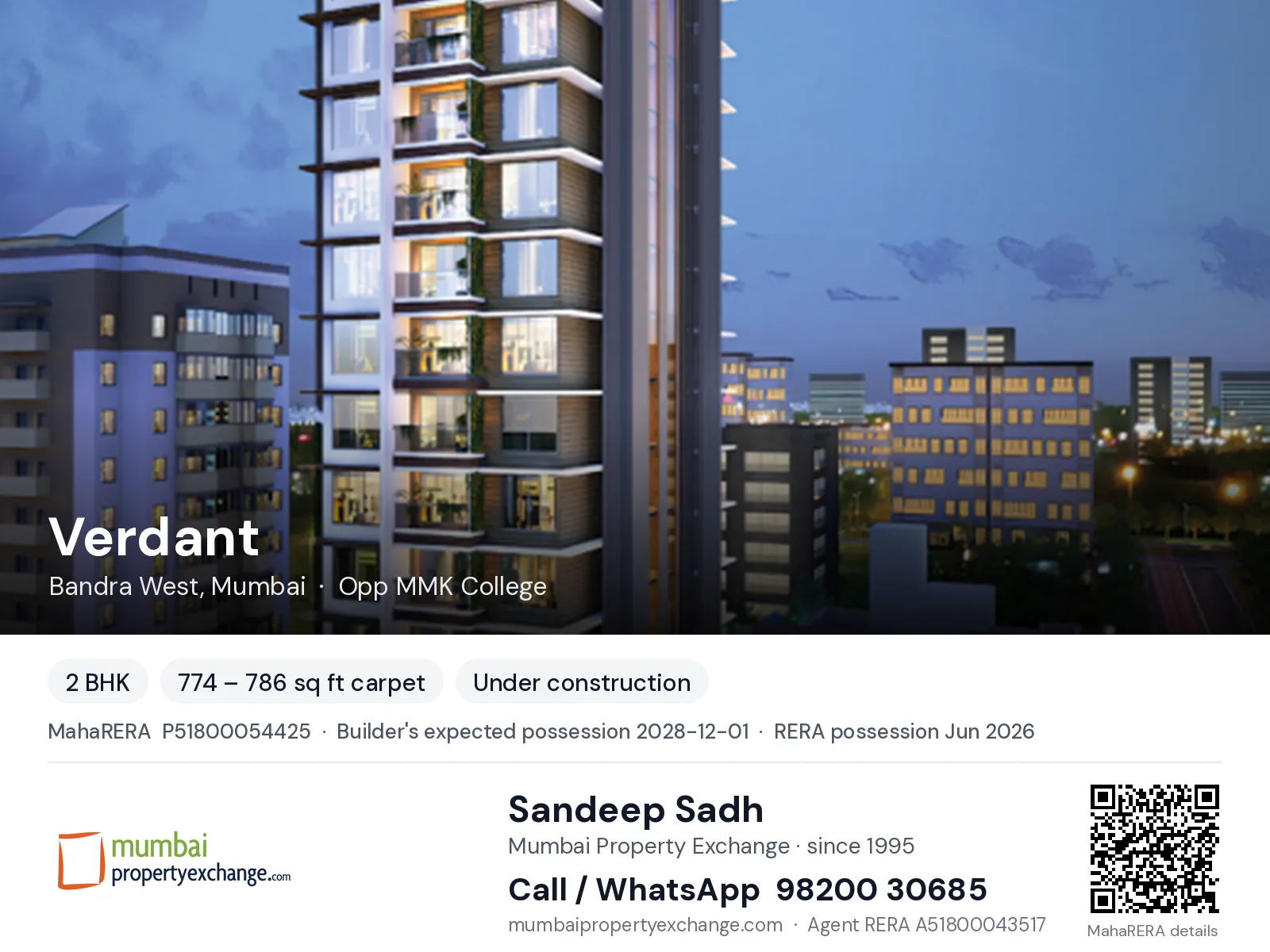 Verdant by Posh, Bandra West, Mumbai — 2 BHK new project, builder's expected possession 2028-12-01, RERA possession Jun 2026 | Mumbai Property Exchange, Sandeep Sadh 98200 30685