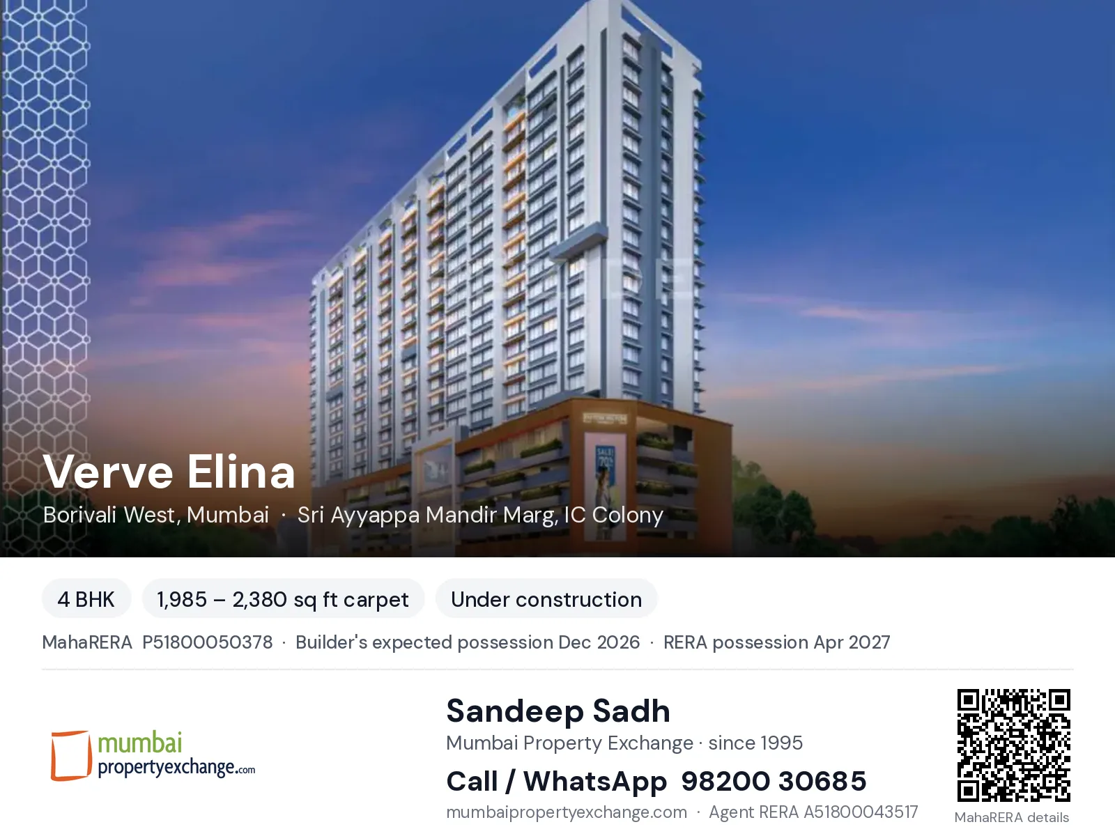 Verve Elina, Borivali West, Mumbai — 4 BHK new project, builder's expected possession Dec 2026, RERA possession Apr 2027 | Mumbai Property Exchange, Sandeep Sadh 98200 30685