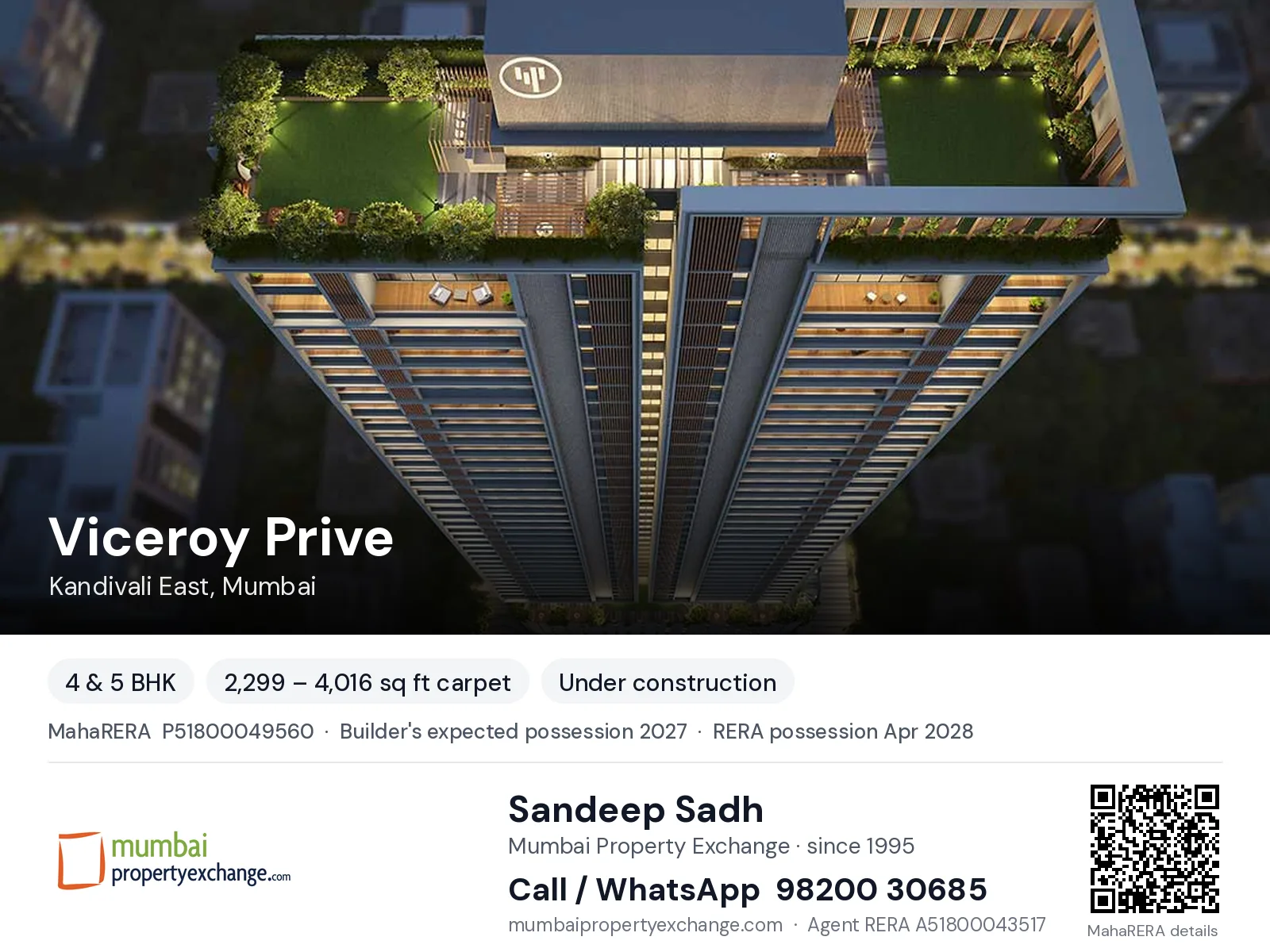 Viceroy Prive, Kandivali East, Mumbai — 4 & 5 BHK new project, builder's expected possession 2027, RERA possession Apr 2028 | Mumbai Property Exchange, Sandeep Sadh 98200 30685