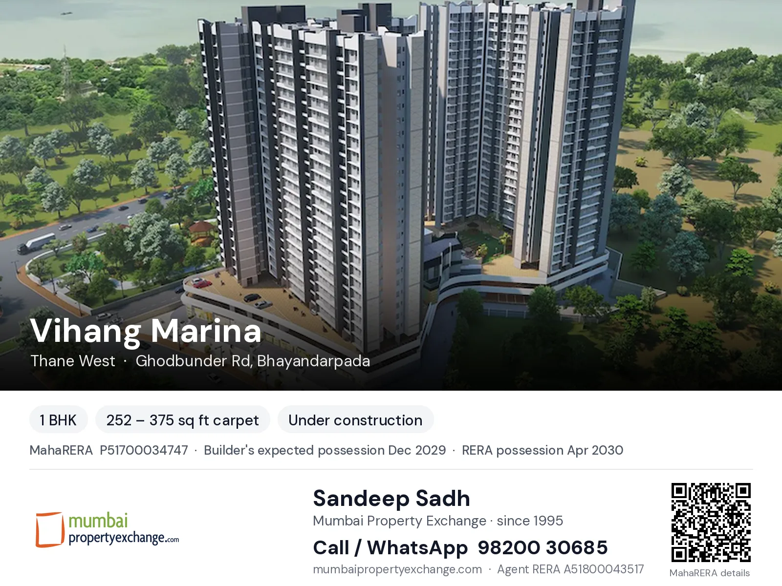 Vihang Marina, Thane West — 1 BHK new project, builder's expected possession Dec 2029, RERA possession Apr 2030 | Mumbai Property Exchange, Sandeep Sadh 98200 30685