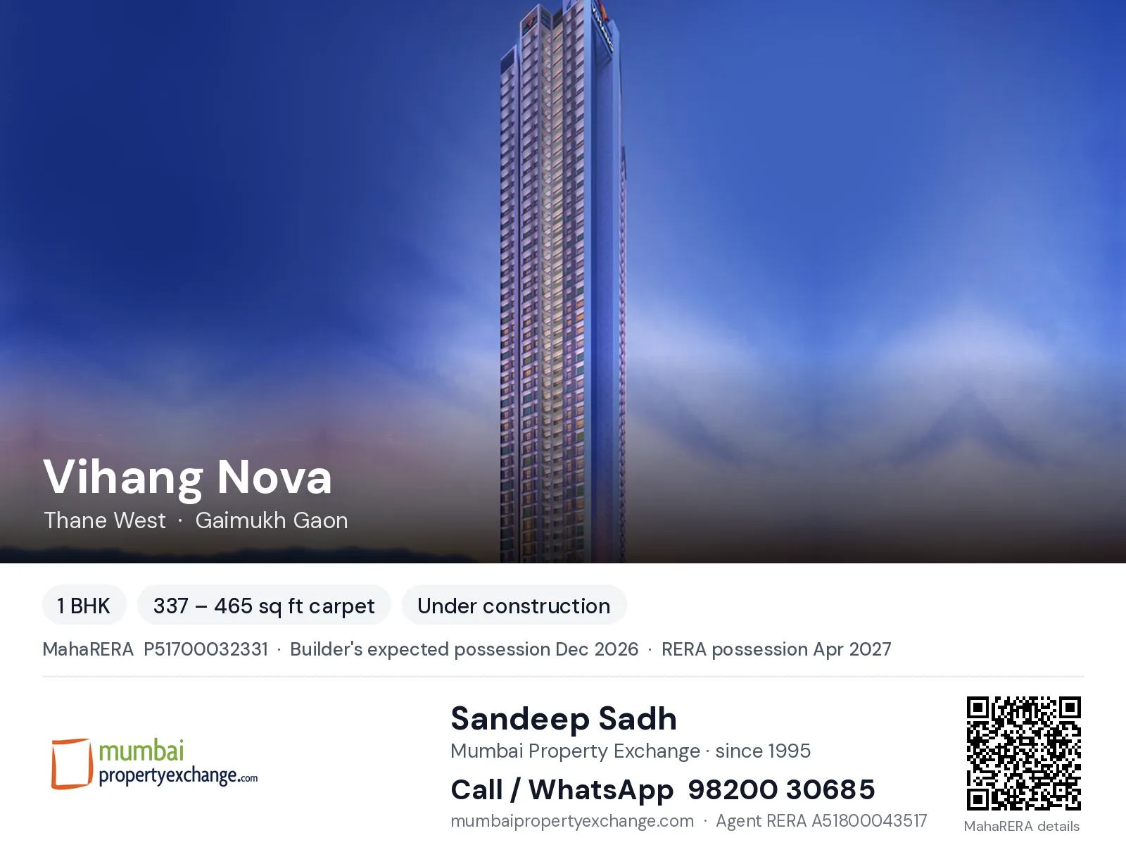 Vihang Nova, Thane West — 1 BHK new project, builder's expected possession Dec 2026, RERA possession Apr 2027 | Mumbai Property Exchange, Sandeep Sadh 98200 30685