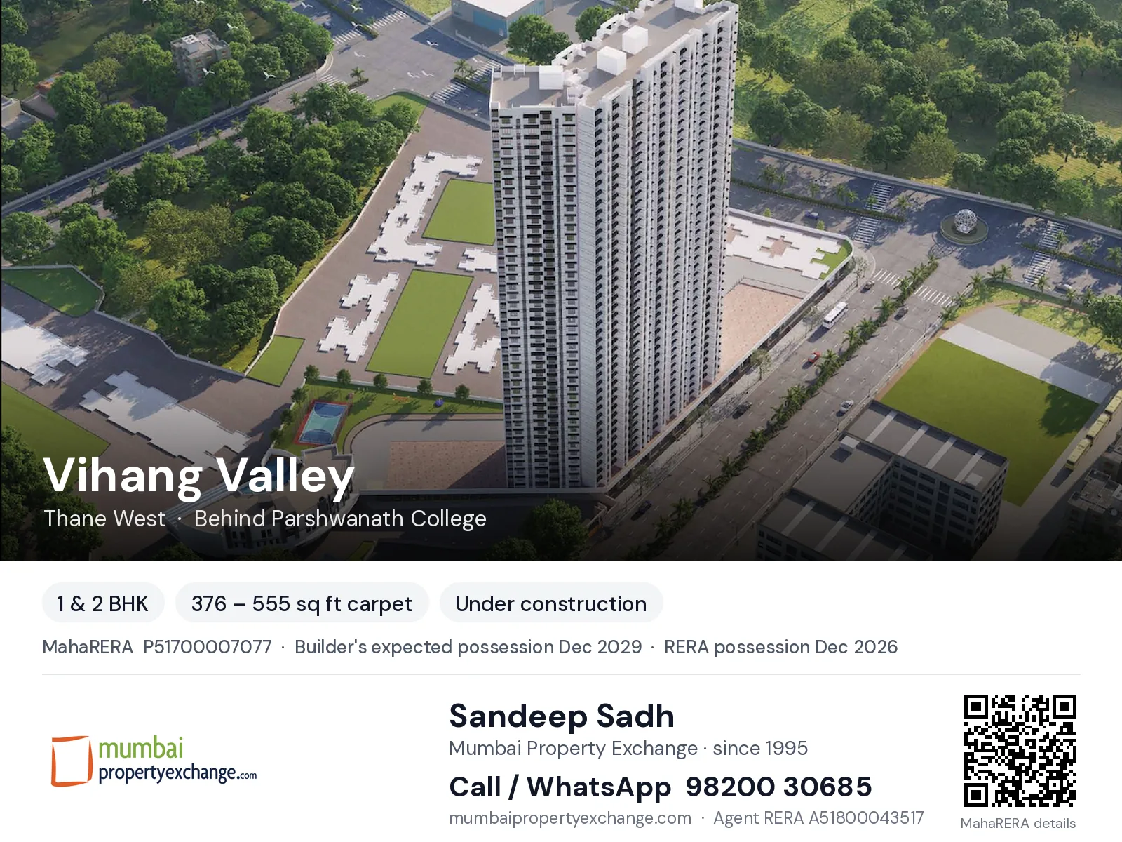 Vihang Valley, Thane West — 1 & 2 BHK new project, builder's expected possession Dec 2029, RERA possession Dec 2026 | Mumbai Property Exchange, Sandeep Sadh 98200 30685