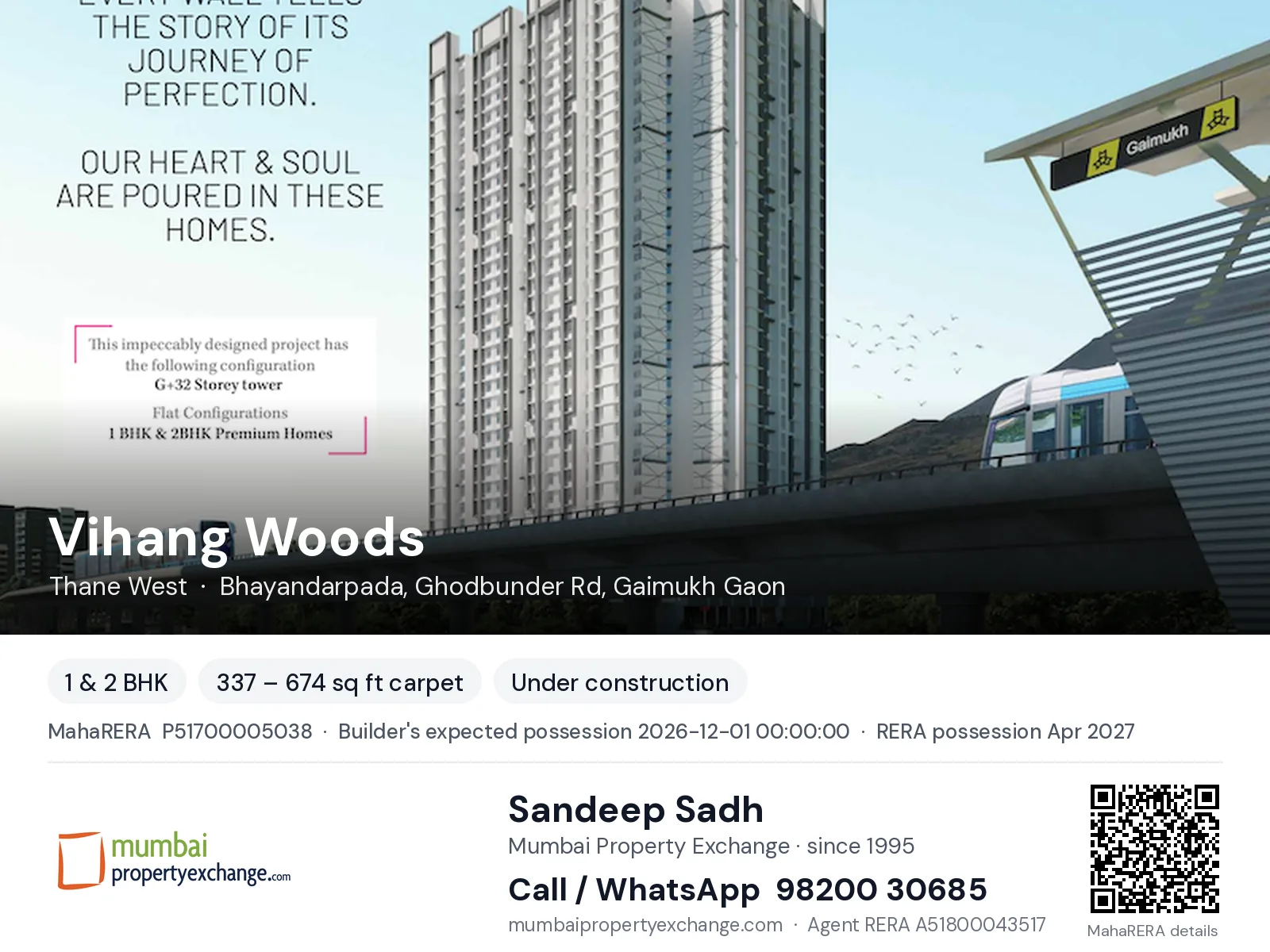 Vihang Woods, Thane West — 1 & 2 BHK new project, builder's expected possession 2026-12-01 00:00:00, RERA possession Apr 2027 | Mumbai Property Exchange, Sandeep Sadh 98200 30685