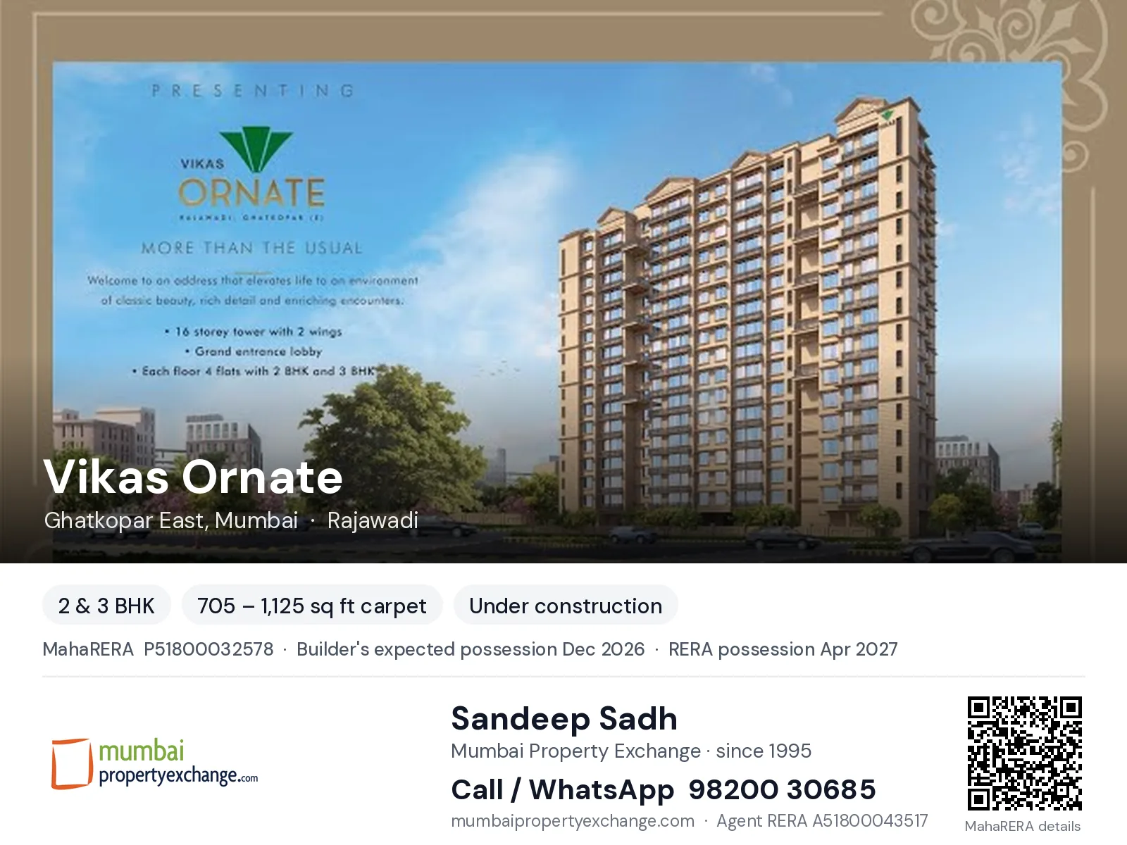 Vikas Ornate, Ghatkopar East, Mumbai — 2 & 3 BHK new project, builder's expected possession Dec 2026, RERA possession Apr 2027 | Mumbai Property Exchange, Sandeep Sadh 98200 30685