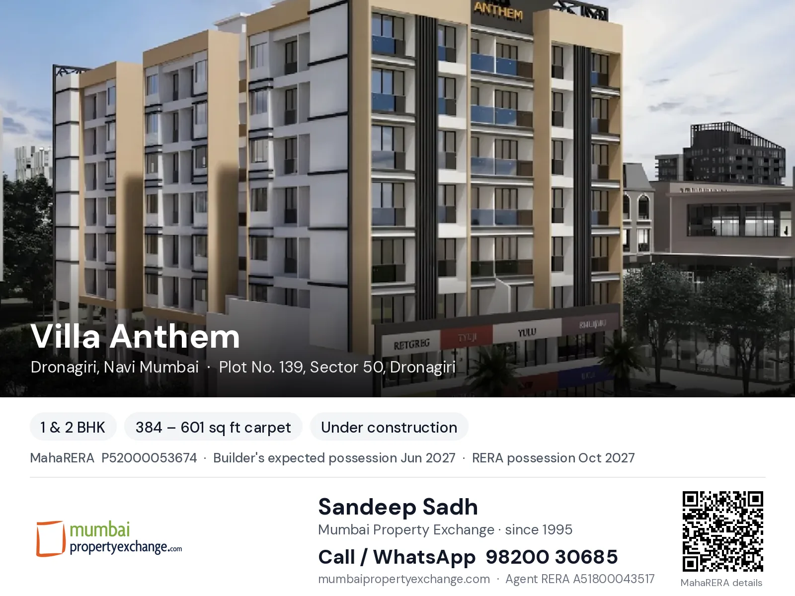 Villa Anthem, Dronagiri, Navi Mumbai — 1 & 2 BHK new project, builder's expected possession Jun 2027, RERA possession Oct 2027 | Mumbai Property Exchange, Sandeep Sadh 98200 30685