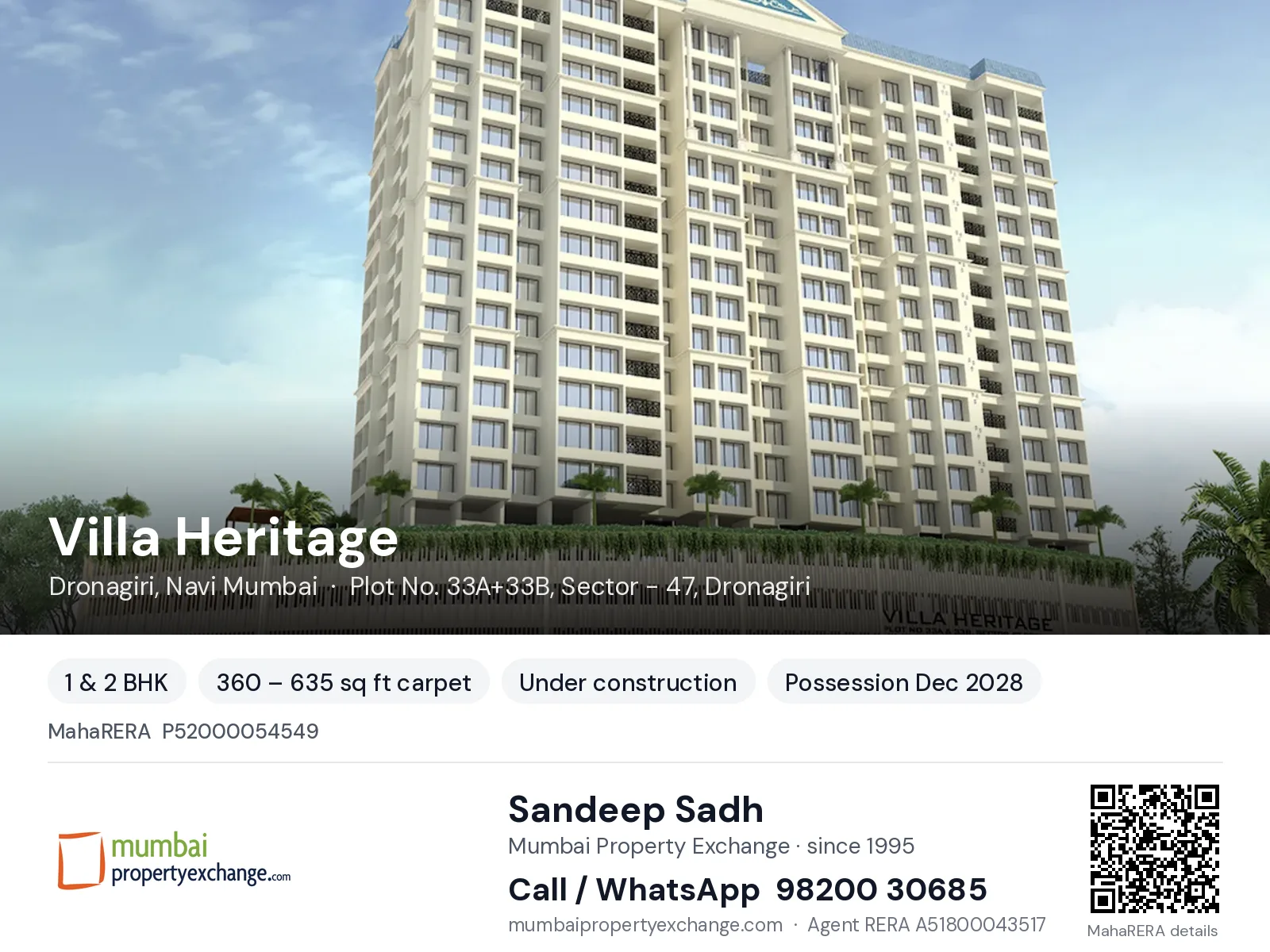 Villa Heritage, Dronagiri, Navi Mumbai — 1 & 2 BHK new project, possession Dec 2028 | Mumbai Property Exchange, Sandeep Sadh 98200 30685