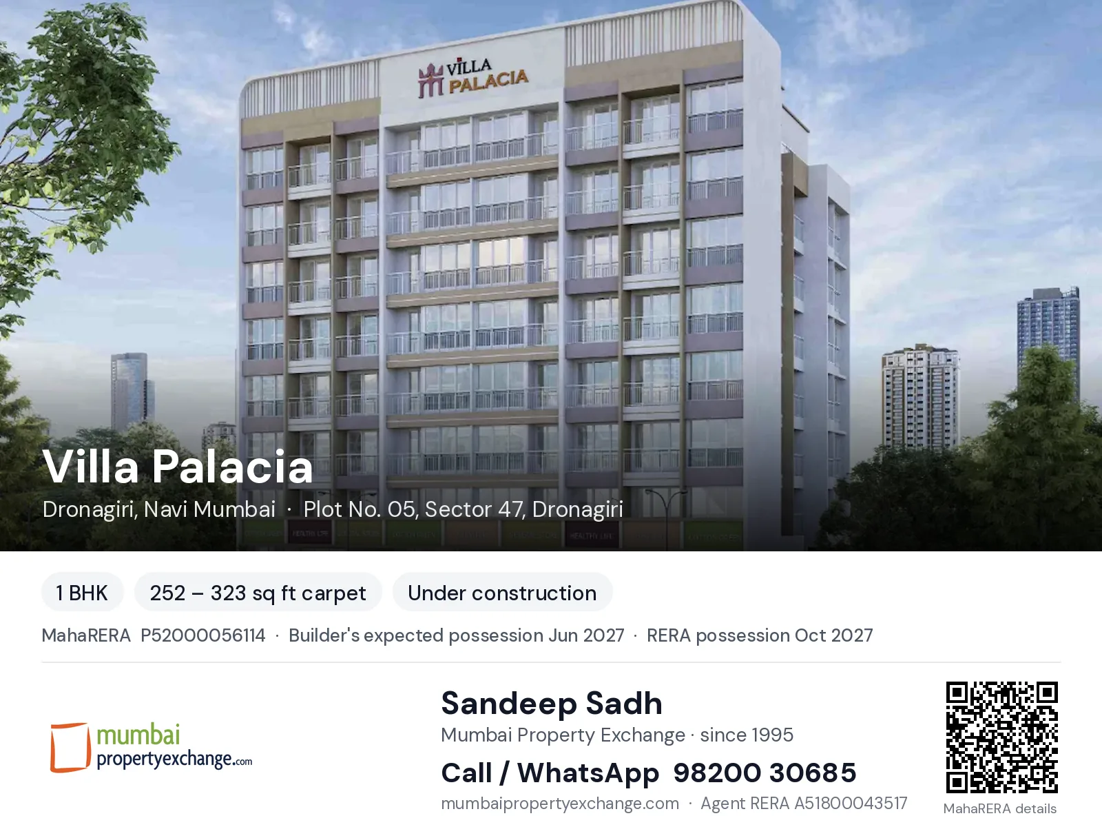 Villa Palacia, Dronagiri, Navi Mumbai — 1 BHK new project, builder's expected possession Jun 2027, RERA possession Oct 2027 | Mumbai Property Exchange, Sandeep Sadh 98200 30685