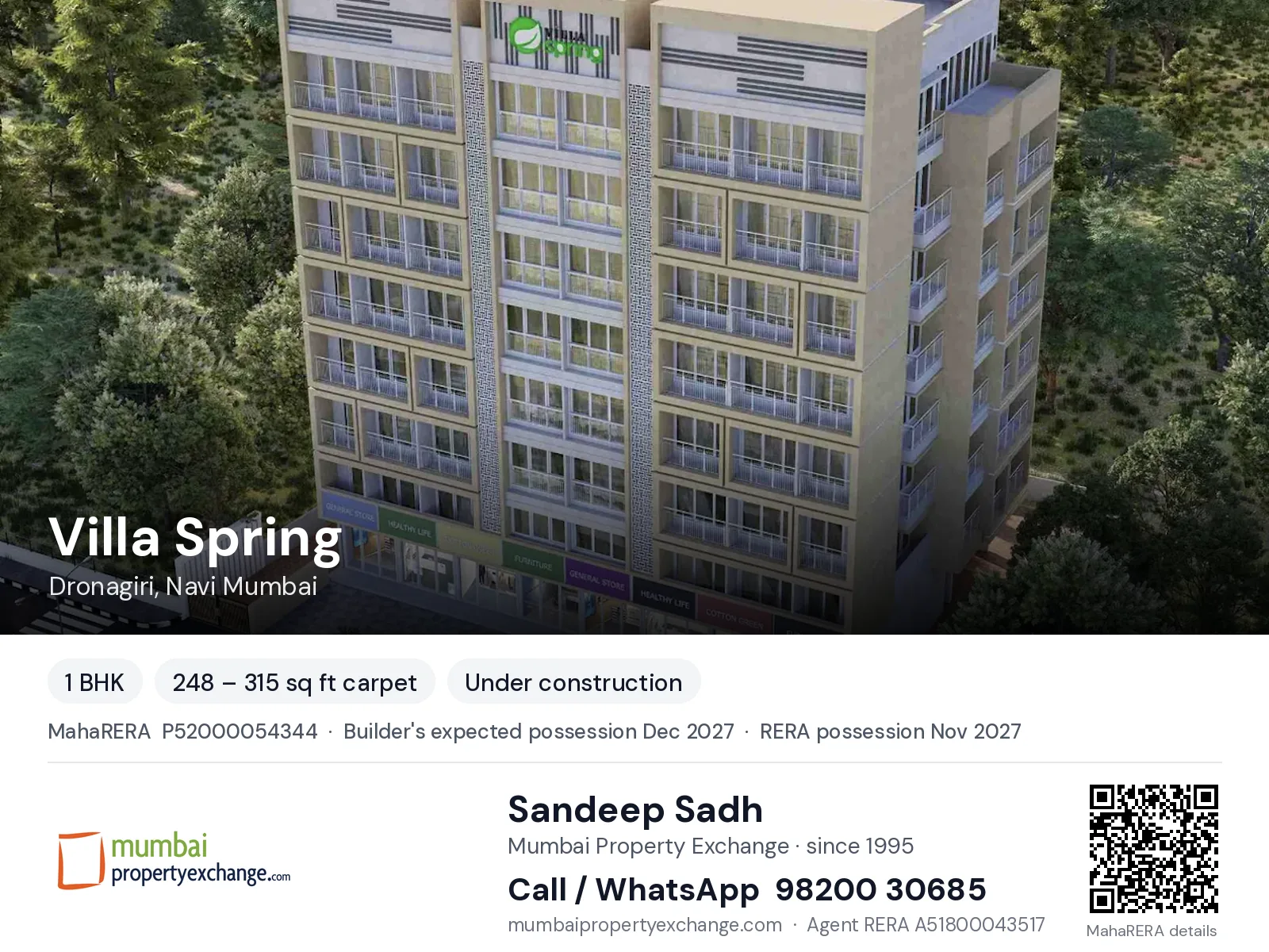 Villa Spring, Dronagiri, Navi Mumbai — 1 BHK new project, builder's expected possession Dec 2027, RERA possession Nov 2027 | Mumbai Property Exchange, Sandeep Sadh 98200 30685