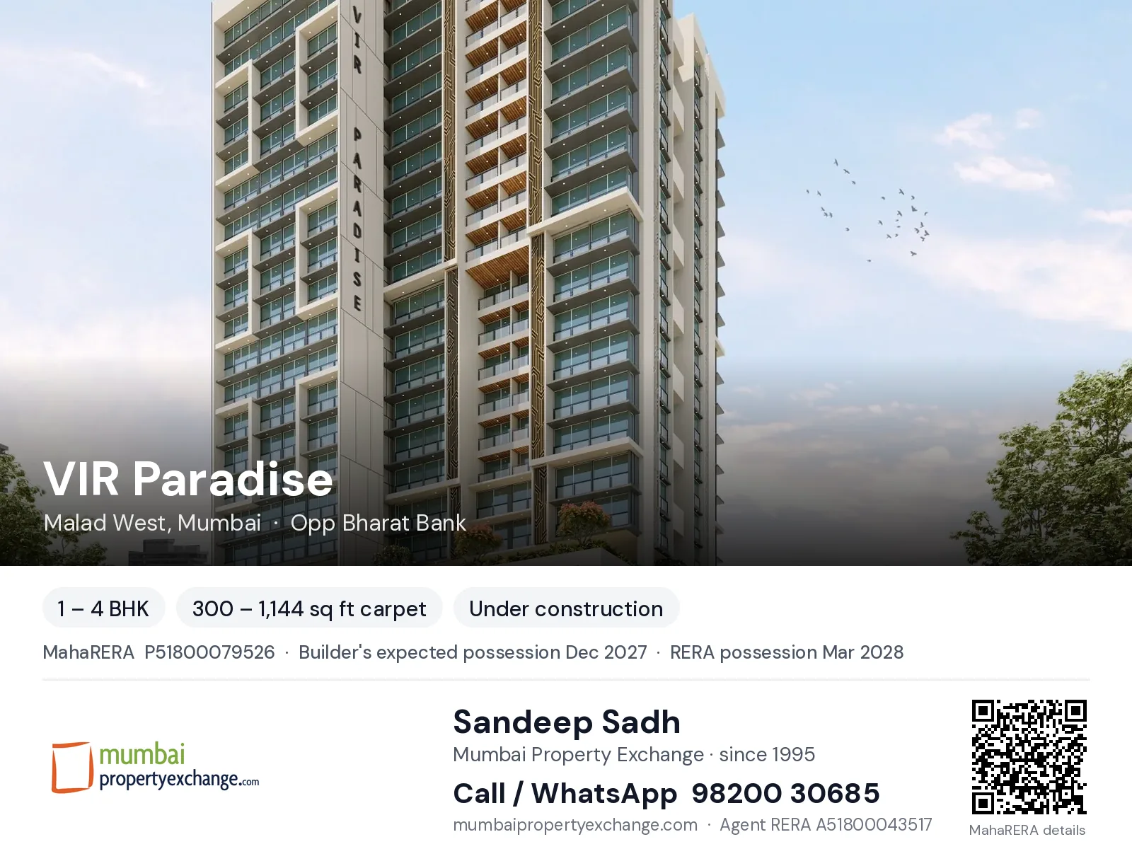VIR Paradise, Malad West, Mumbai — 1 – 4 BHK new project, builder's expected possession Dec 2027, RERA possession Mar 2028 | Mumbai Property Exchange, Sandeep Sadh 98200 30685