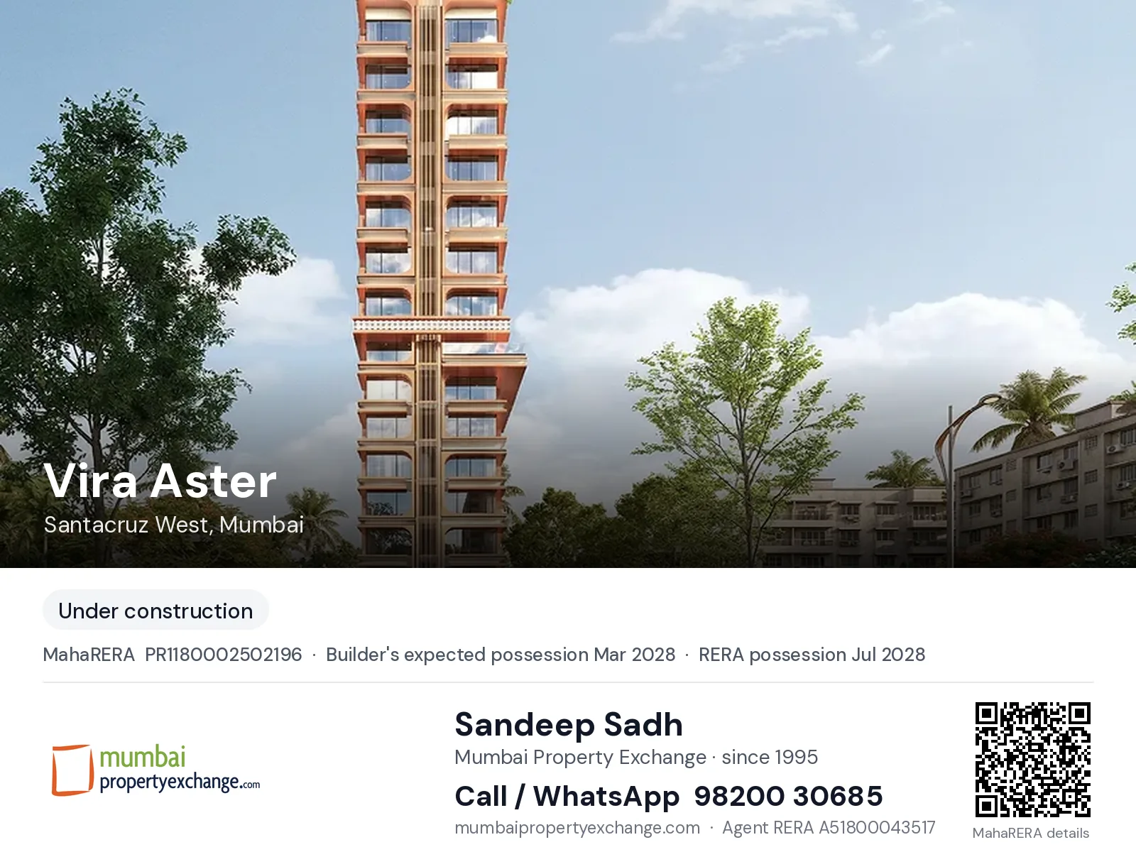 Vira Aster, Santacruz West, Mumbai — new project, builder's expected possession Mar 2028, RERA possession Jul 2028 | Mumbai Property Exchange, Sandeep Sadh 98200 30685