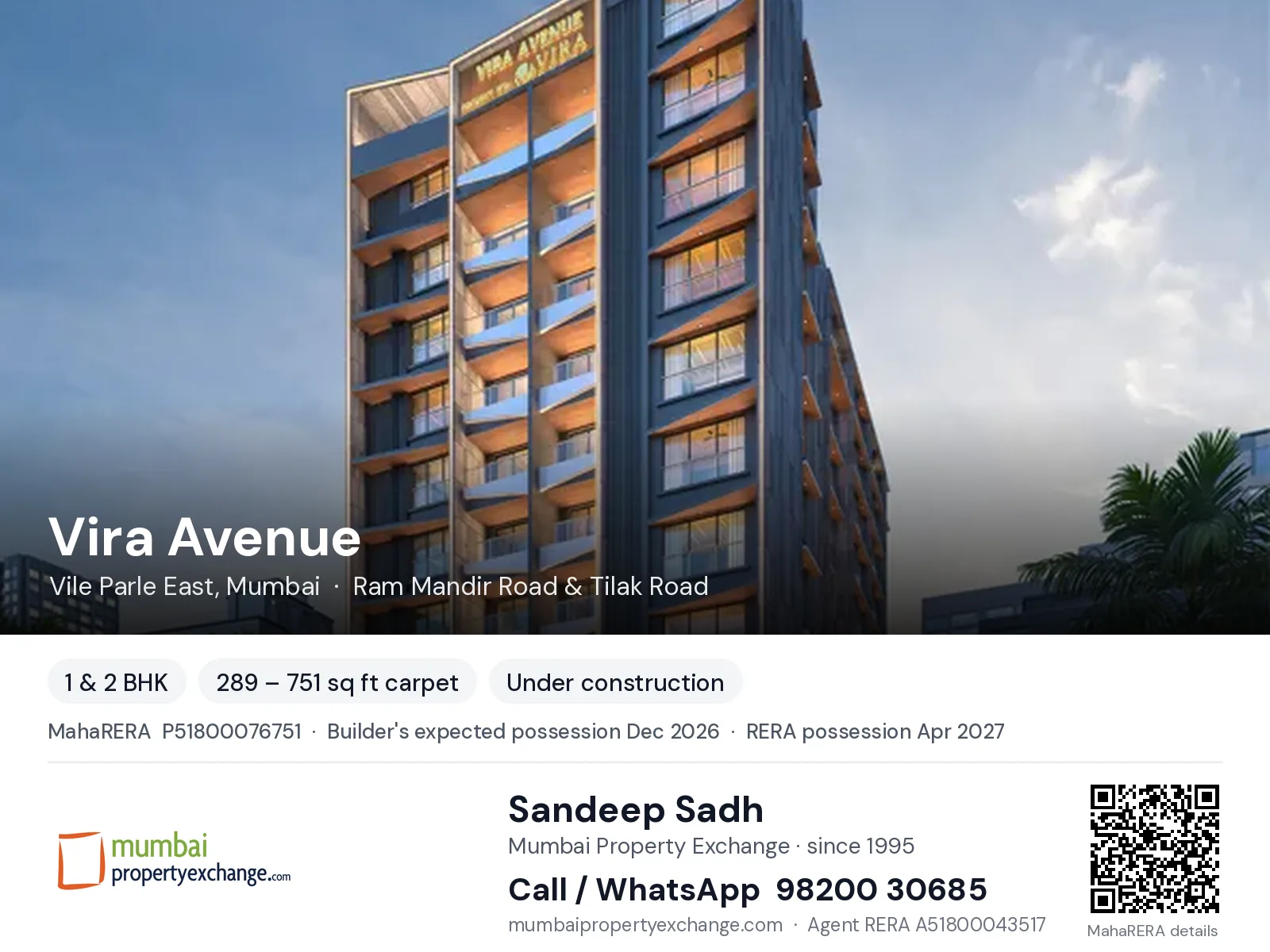 Vira Avenue, Vile Parle East, Mumbai — 1 & 2 BHK new project, builder's expected possession Dec 2026, RERA possession Apr 2027 | Mumbai Property Exchange, Sandeep Sadh 98200 30685