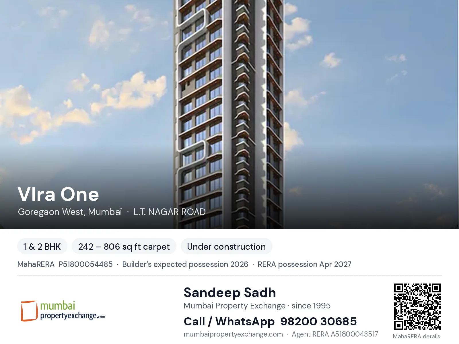 VIra One, Goregaon West, Mumbai — 1 & 2 BHK new project, builder's expected possession 2026, RERA possession Apr 2027 | Mumbai Property Exchange, Sandeep Sadh 98200 30685