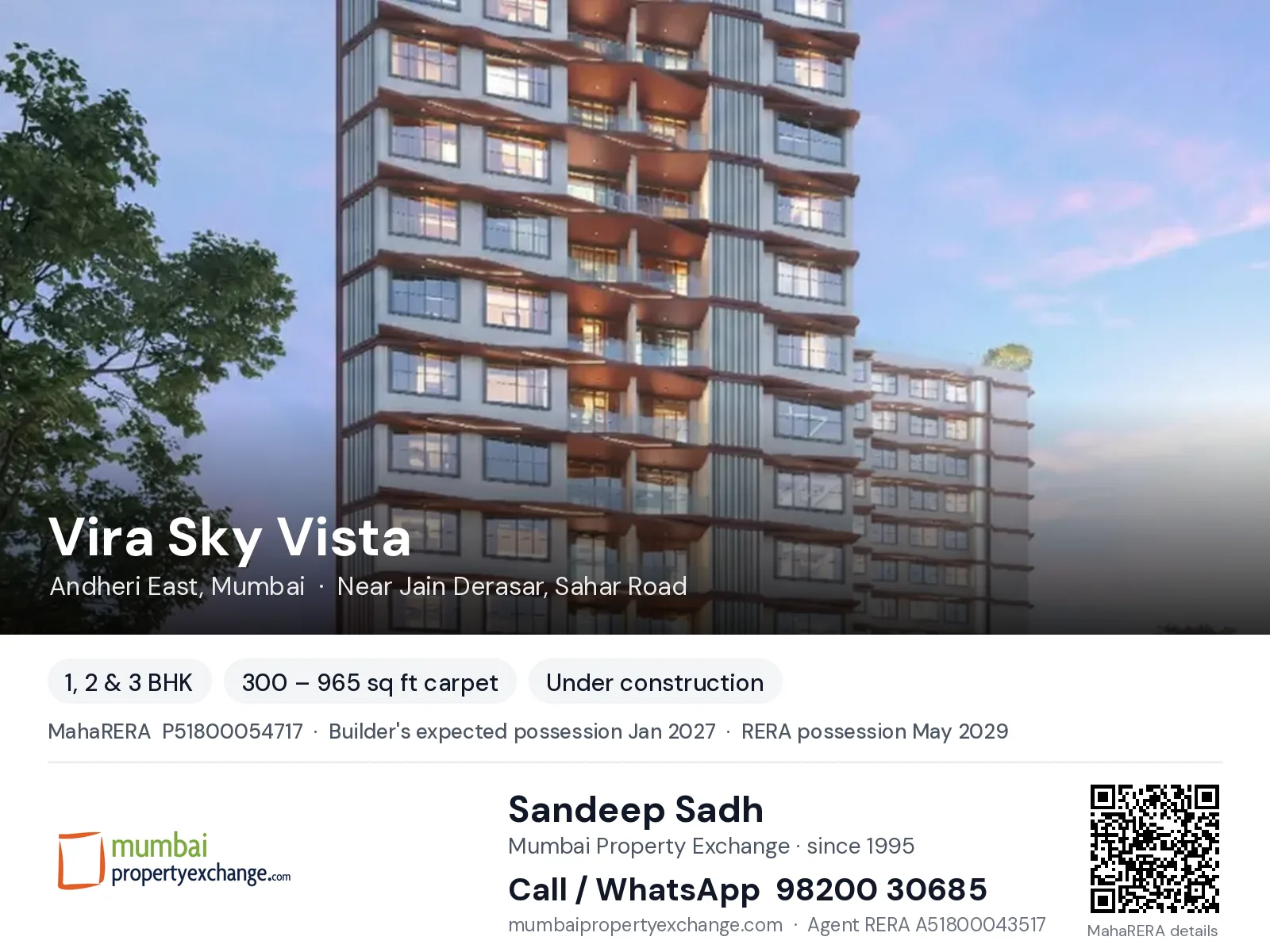 Vira Sky Vista, Andheri East, Mumbai — 1, 2 & 3 BHK new project, builder's expected possession Jan 2027, RERA possession May 2029 | Mumbai Property Exchange, Sandeep Sadh 98200 30685