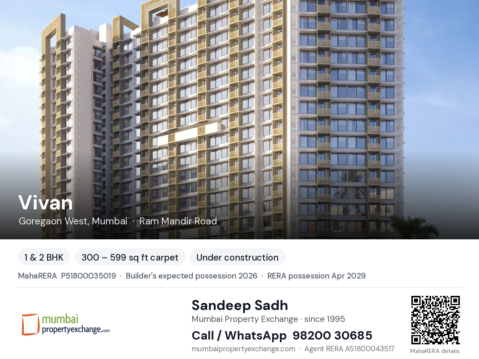 Vivan by Amal, Goregaon West, Mumbai — 1 & 2 BHK new project, builder's expected possession 2026, RERA possession Apr 2029 | Mumbai Property Exchange, Sandeep Sadh 98200 30685