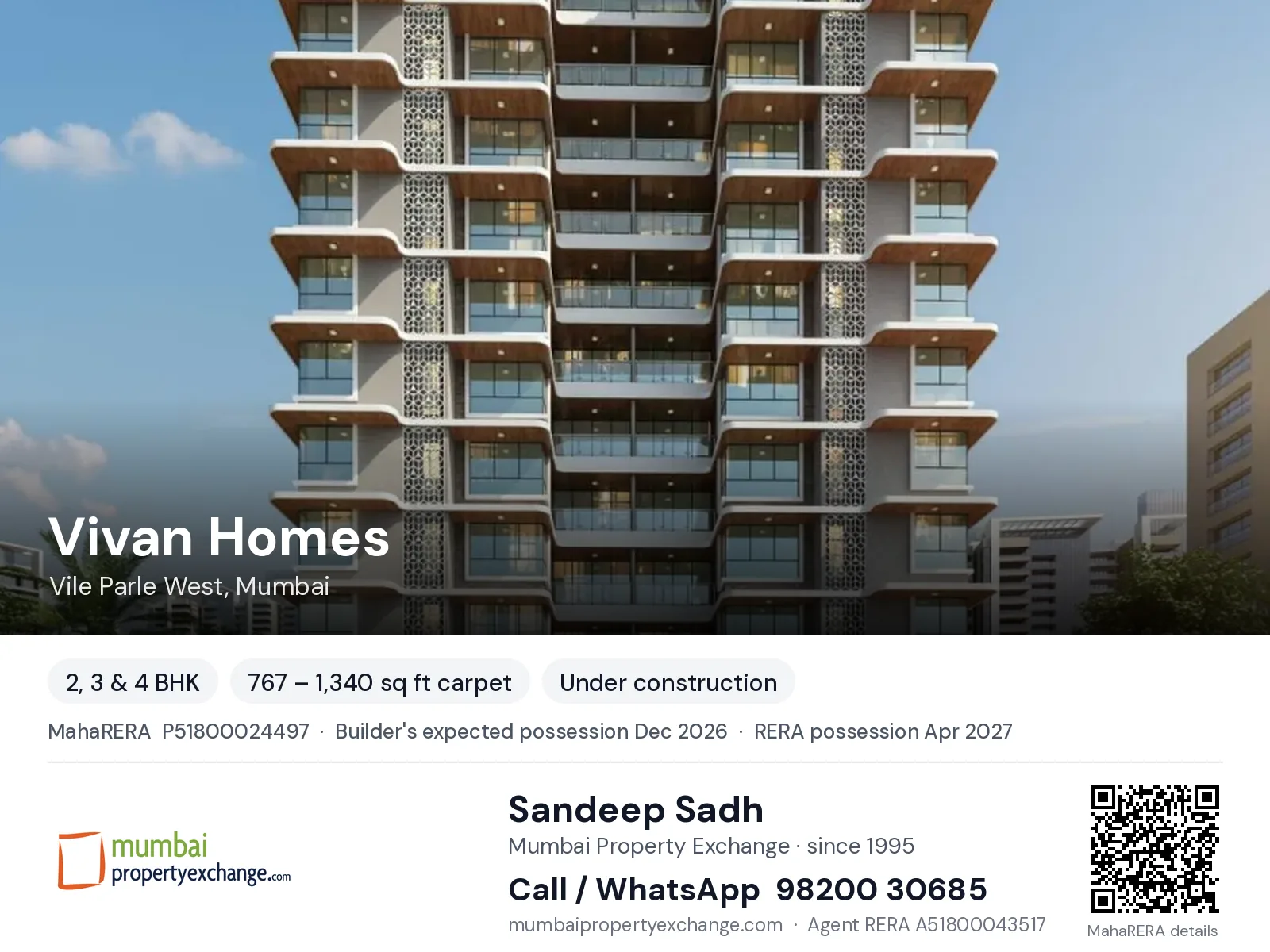 Vivan Homes by Imprint, Vile Parle West, Mumbai — 2, 3 & 4 BHK new project, builder's expected possession Dec 2026, RERA possession Apr 2027 | Mumbai Property Exchange, Sandeep Sadh 98200 30685