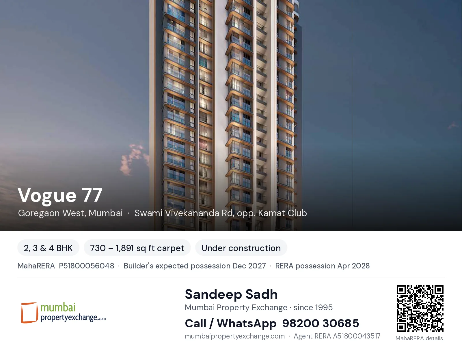 Vogue 77 by Sahakar, Goregaon West, Mumbai — 2, 3 & 4 BHK new project, builder's expected possession Dec 2027, RERA possession Apr 2028 | Mumbai Property Exchange, Sandeep Sadh 98200 30685