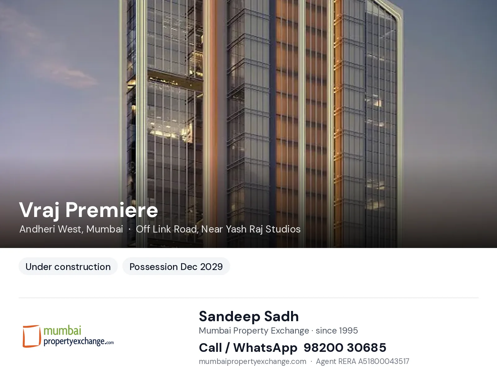 Vraj Premiere, Andheri West, Mumbai — new project, possession Dec 2029 | Mumbai Property Exchange, Sandeep Sadh 98200 30685