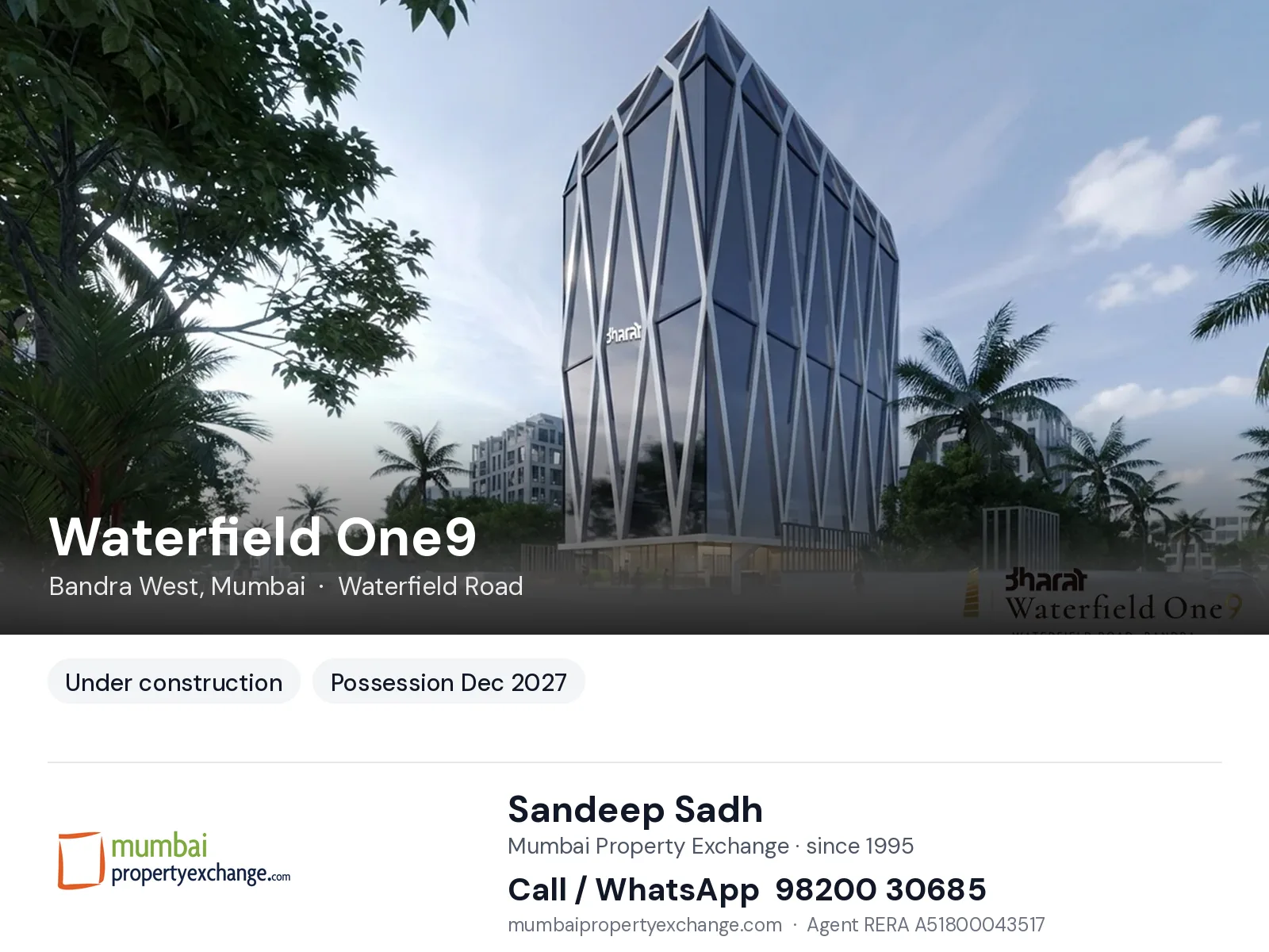 Waterfield One9 by Bharat Engineering, Bandra West, Mumbai — new project, possession Dec 2027 | Mumbai Property Exchange, Sandeep Sadh 98200 30685