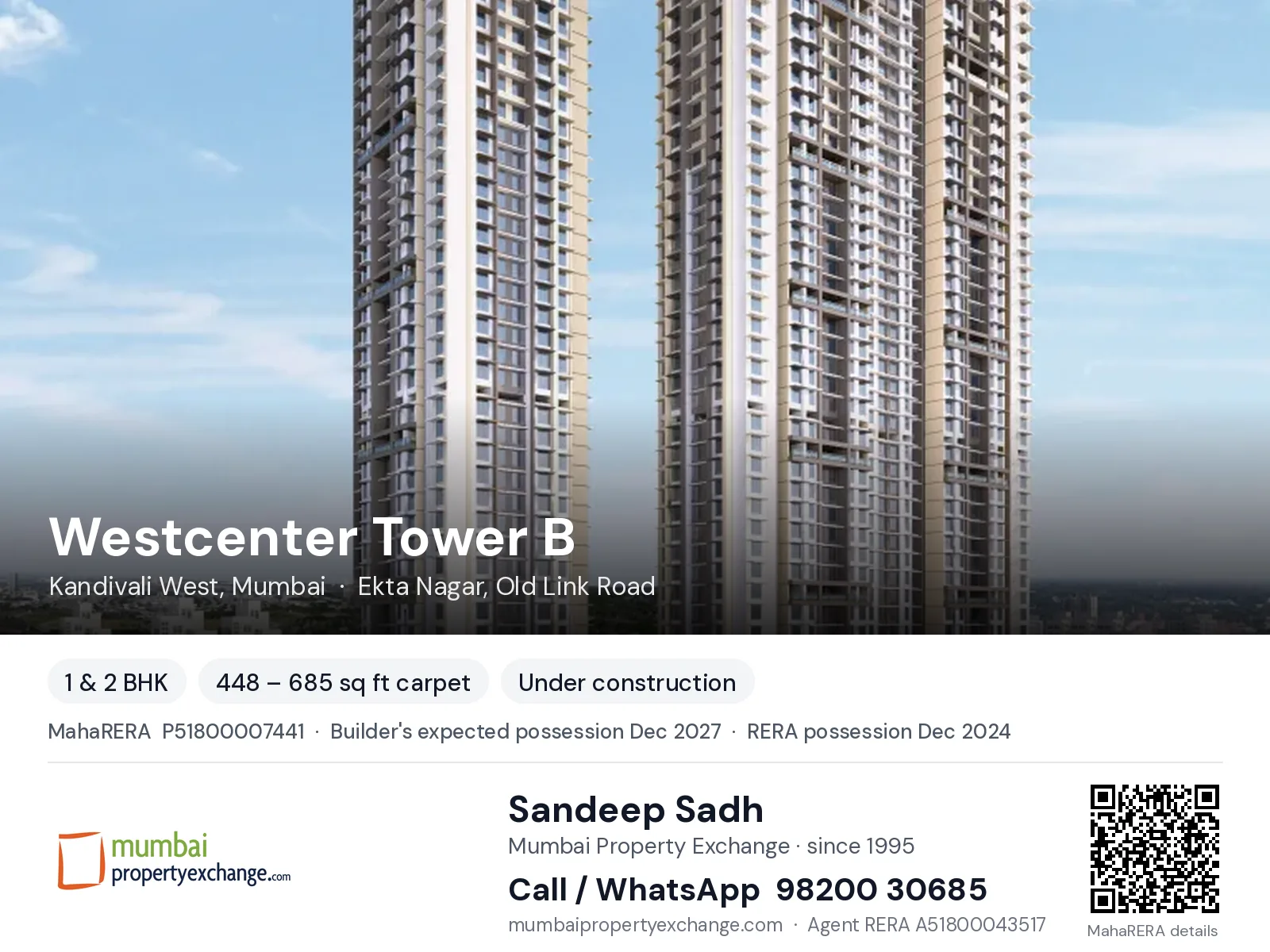 Westcenter Tower B by Origin, Kandivali West, Mumbai — 1 & 2 BHK new project, builder's expected possession Dec 2027, RERA possession Dec 2024 | Mumbai Property Exchange, Sandeep Sadh 98200 30685
