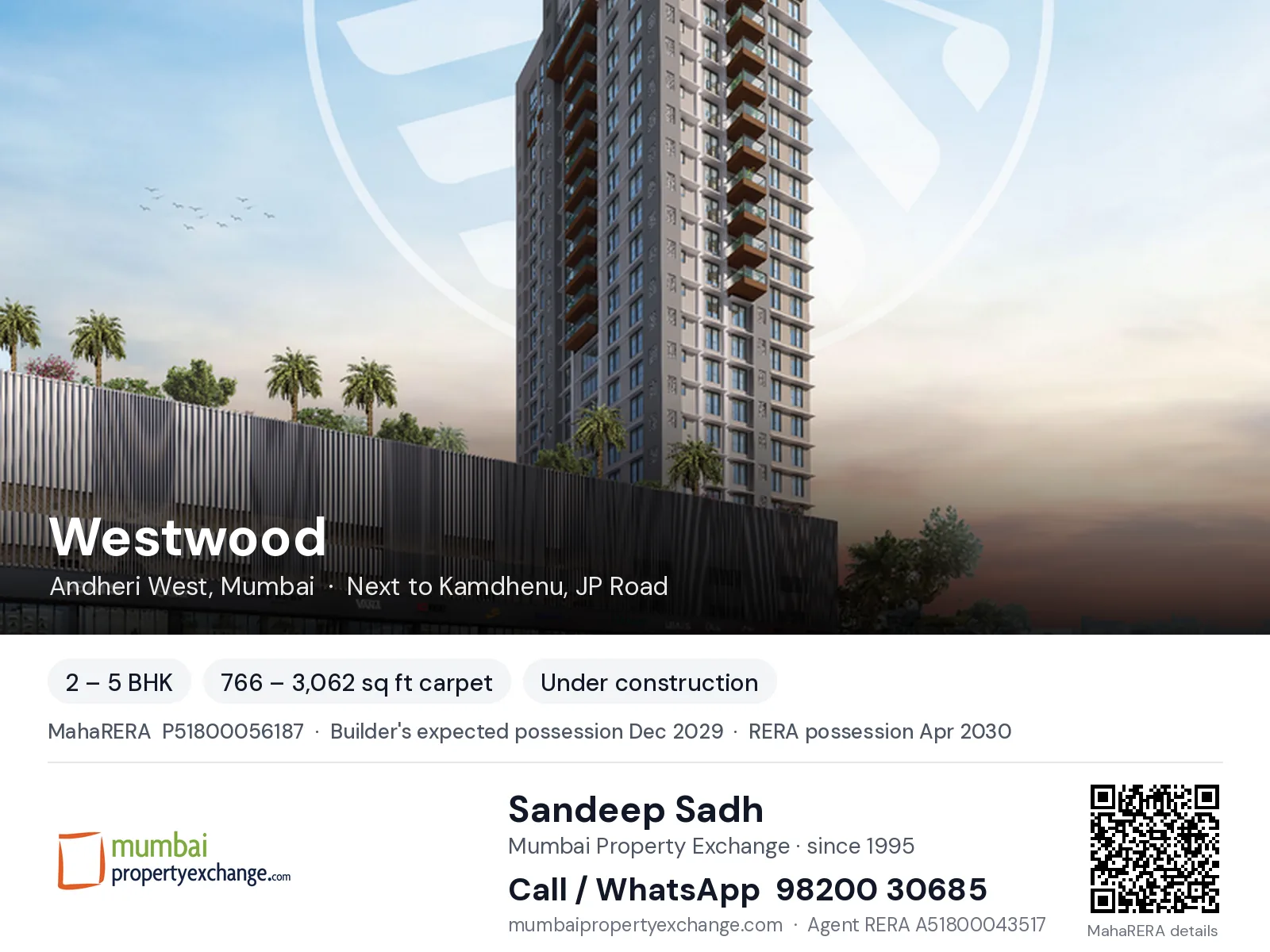 Westwood by Adcore, Andheri West, Mumbai — 2 – 5 BHK new project, builder's expected possession Dec 2029, RERA possession Apr 2030 | Mumbai Property Exchange, Sandeep Sadh 98200 30685