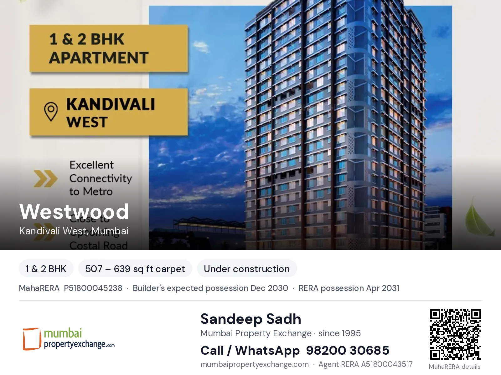 Westwood by Dimples, Kandivali West, Mumbai — 1 & 2 BHK new project, builder's expected possession Dec 2030, RERA possession Apr 2031 | Mumbai Property Exchange, Sandeep Sadh 98200 30685