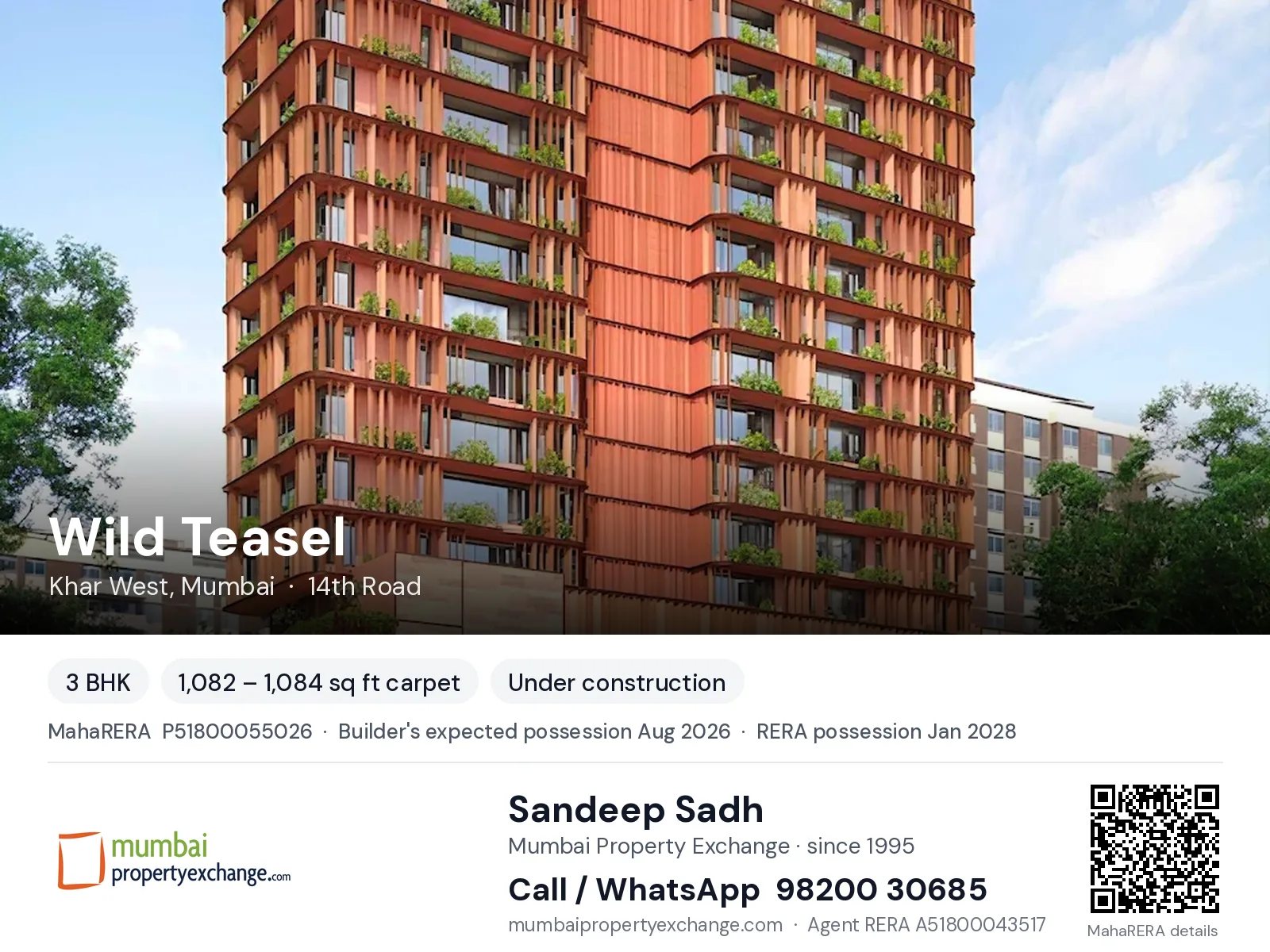 Wild Teasel by AP, Khar West, Mumbai — 3 BHK new project, builder's expected possession Aug 2026, RERA possession Jan 2028 | Mumbai Property Exchange, Sandeep Sadh 98200 30685