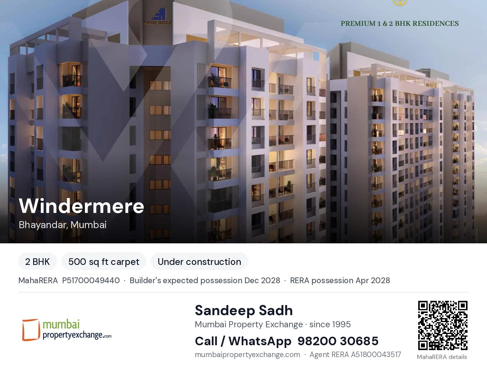 Windermere by Ashish, Bhayandar, Mumbai — 2 BHK new project, builder's expected possession Dec 2028, RERA possession Apr 2028 | Mumbai Property Exchange, Sandeep Sadh 98200 30685