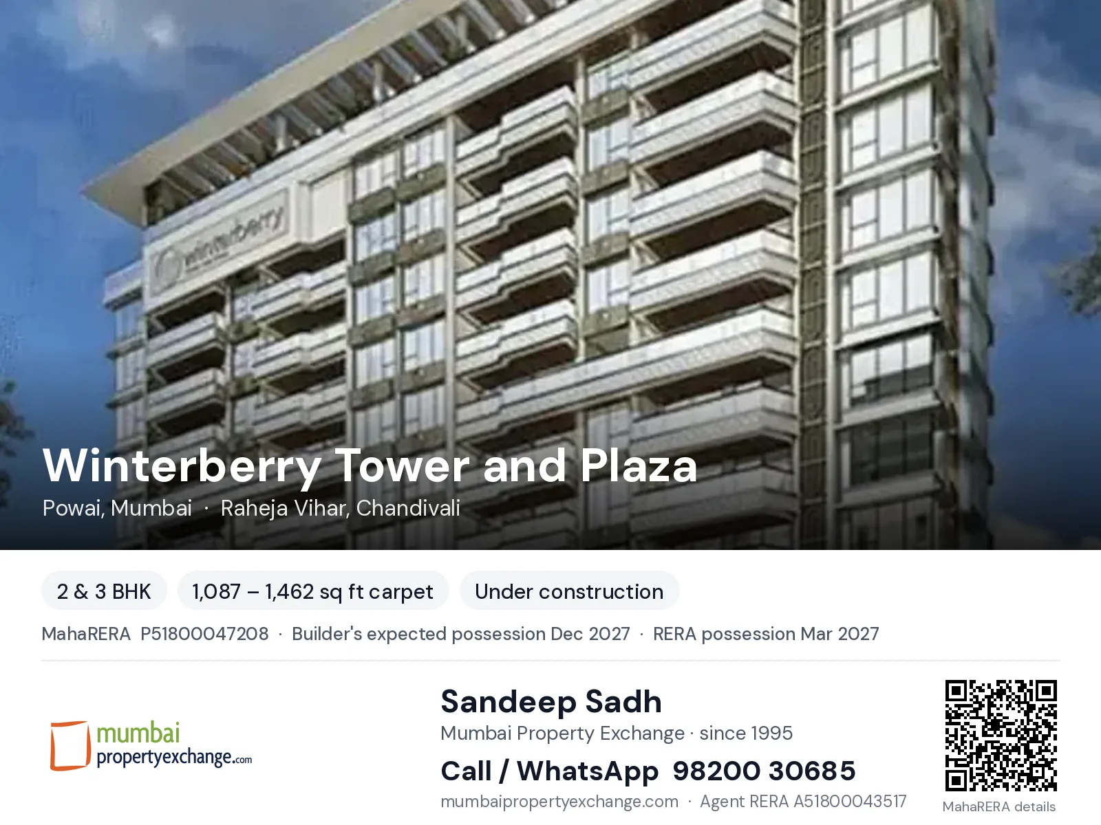 Winterberry Tower and Plaza by Nahar, Powai, Mumbai — 2 & 3 BHK new project, builder's expected possession Dec 2027, RERA possession Mar 2027 | Mumbai Property Exchange, Sandeep Sadh 98200 30685