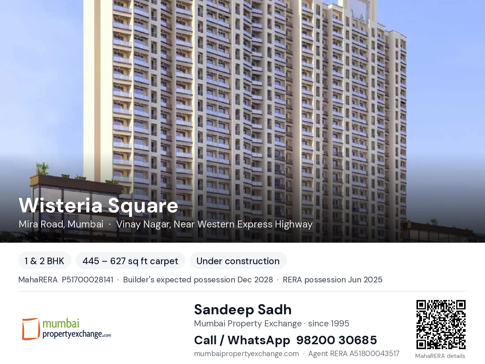 Wisteria Square by Origin, Mira Road, Mumbai — 1 & 2 BHK new project, builder's expected possession Dec 2028, RERA possession Jun 2025 | Mumbai Property Exchange, Sandeep Sadh 98200 30685
