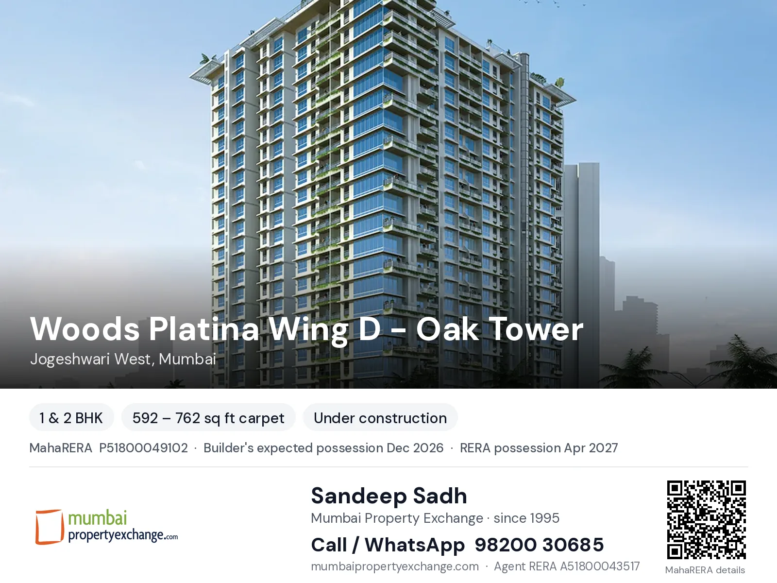 Woods Platina Wing D - Oak Tower by SMGK, Jogeshwari West, Mumbai — 1 & 2 BHK new project, builder's expected possession Dec 2026, RERA possession Apr 2027 | Mumbai Property Exchange, Sandeep Sadh 98200 30685