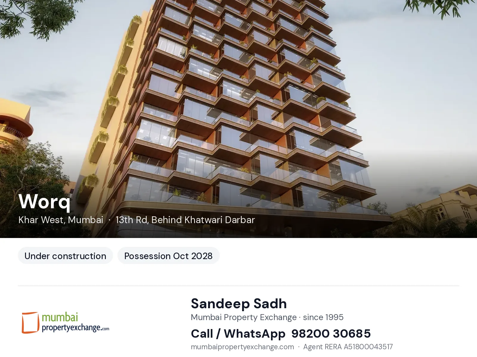 Worq by S Raheja, Khar West, Mumbai — new project, possession Oct 2028 | Mumbai Property Exchange, Sandeep Sadh 98200 30685