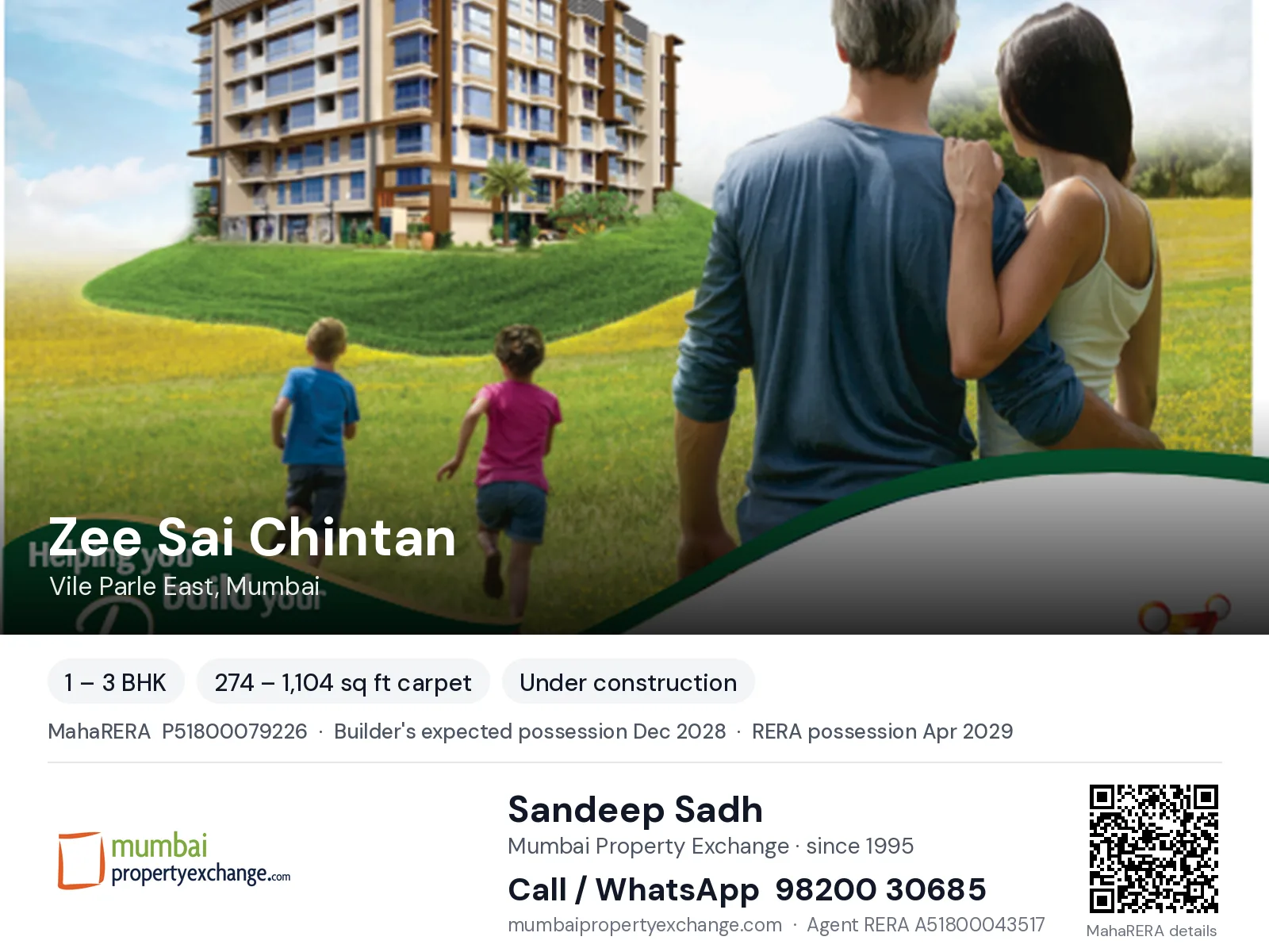 Zee Sai Chintan, Vile Parle East, Mumbai — 1 – 3 BHK new project, builder's expected possession Dec 2028, RERA possession Apr 2029 | Mumbai Property Exchange, Sandeep Sadh 98200 30685