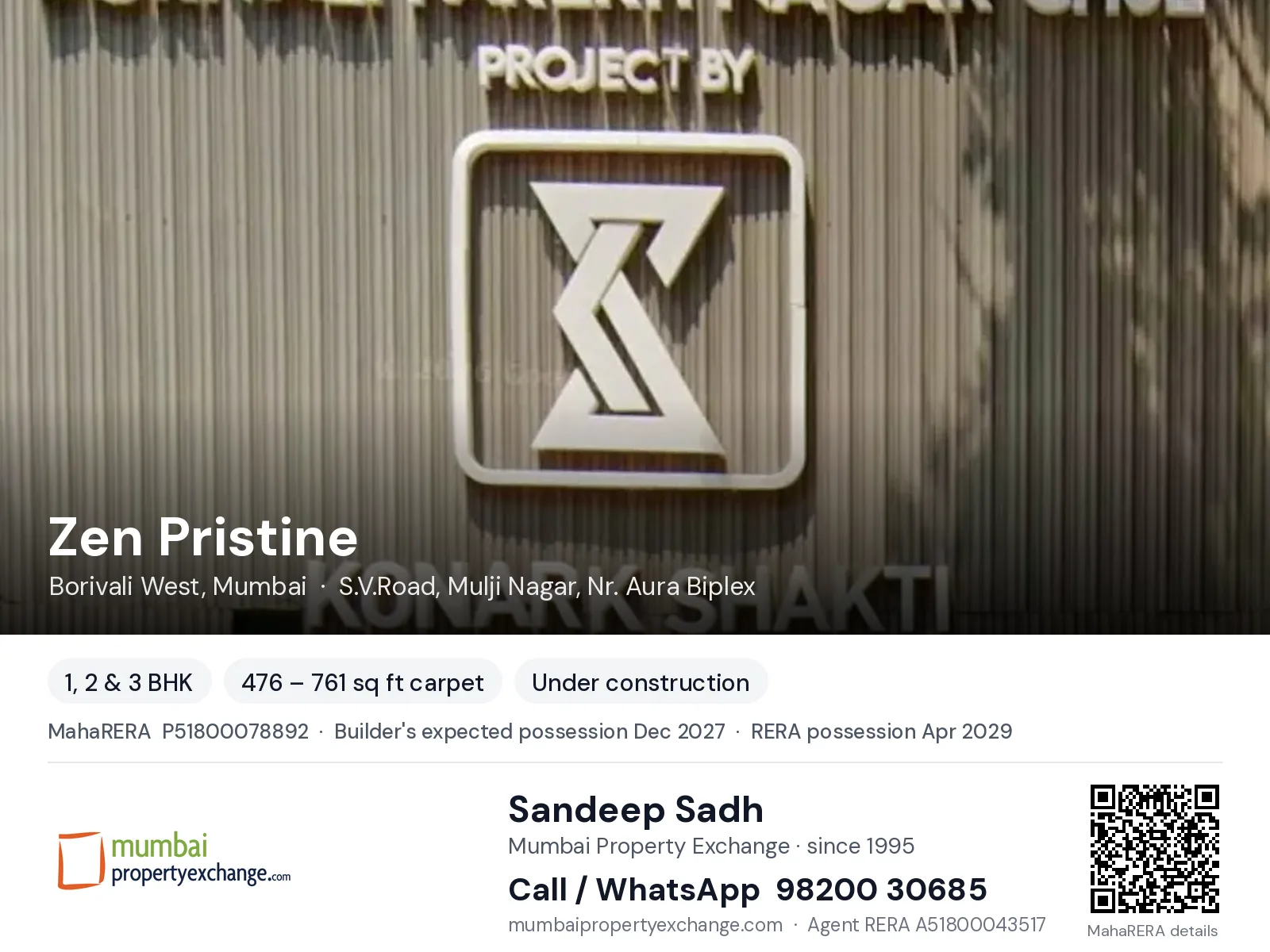 Zen Pristine by Konark, Borivali West, Mumbai — 1, 2 & 3 BHK new project, builder's expected possession Dec 2027, RERA possession Apr 2029 | Mumbai Property Exchange, Sandeep Sadh 98200 30685