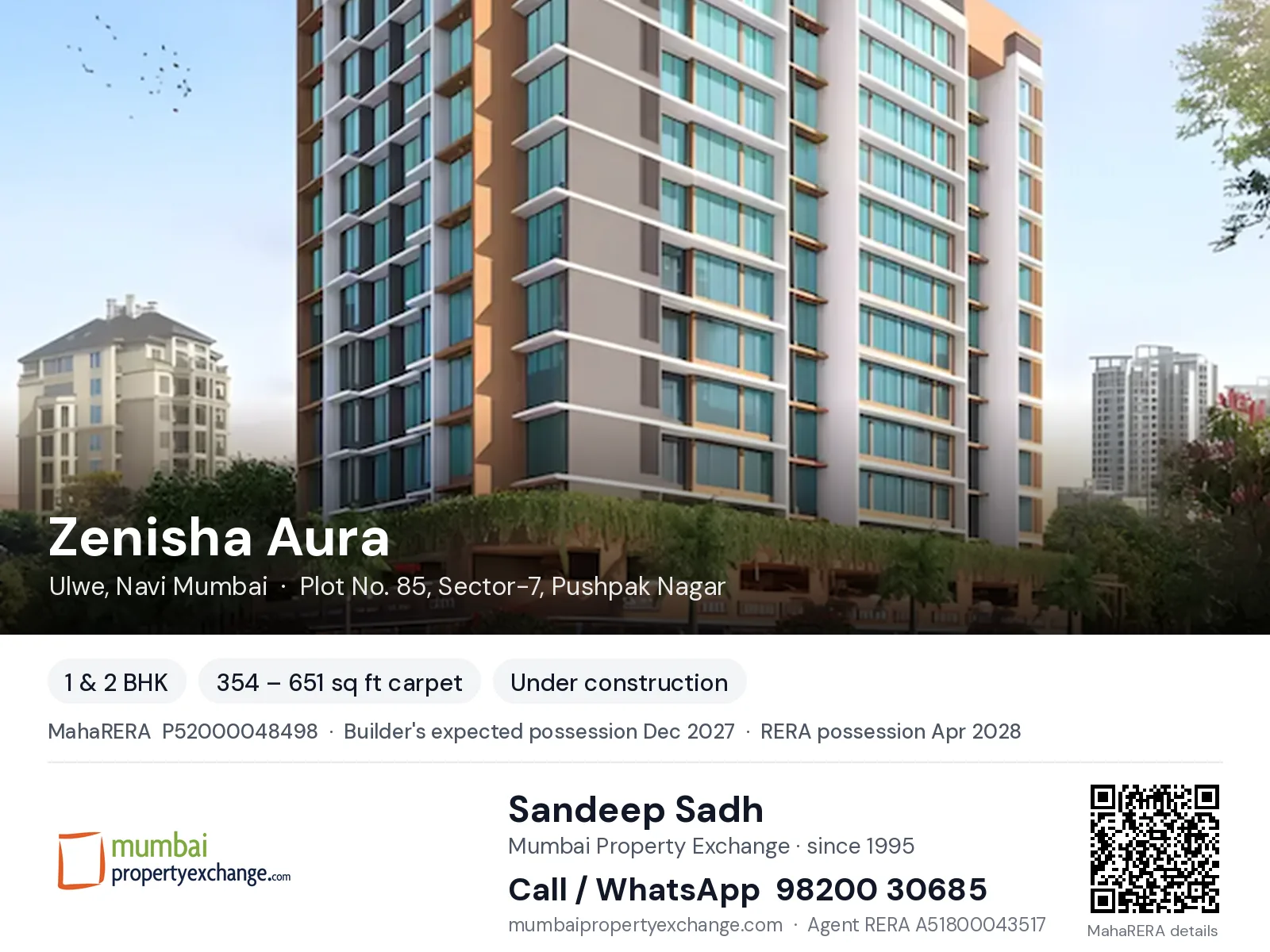 Zenisha Aura, Ulwe, Navi Mumbai — 1 & 2 BHK new project, builder's expected possession Dec 2027, RERA possession Apr 2028 | Mumbai Property Exchange, Sandeep Sadh 98200 30685